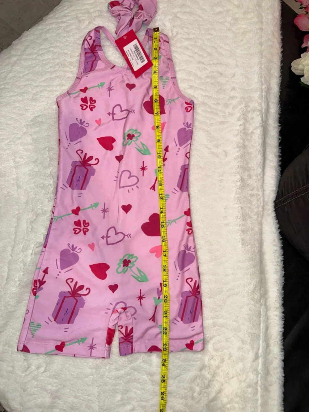 Girls Pink Heart & Gift Print One-Piece Swimsuit with Scrunchie Size 4-5 Years